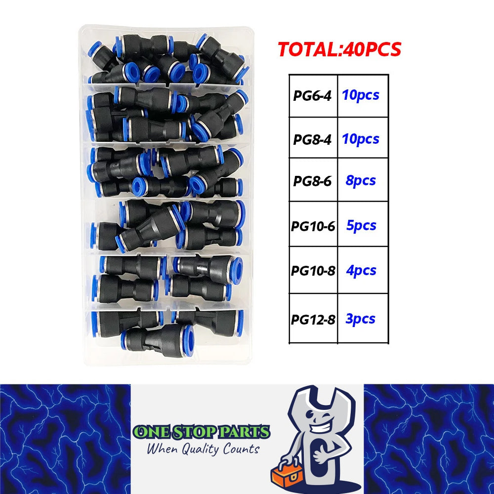 40pcs Air Straight Pneumatic Fittings PG Series Connectors OD 4/6/8/10/12mm
