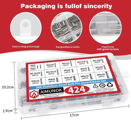 424pcs Stainless Steel Roll Pins Kit Spring Dowels Slotted Pins and Split Pins