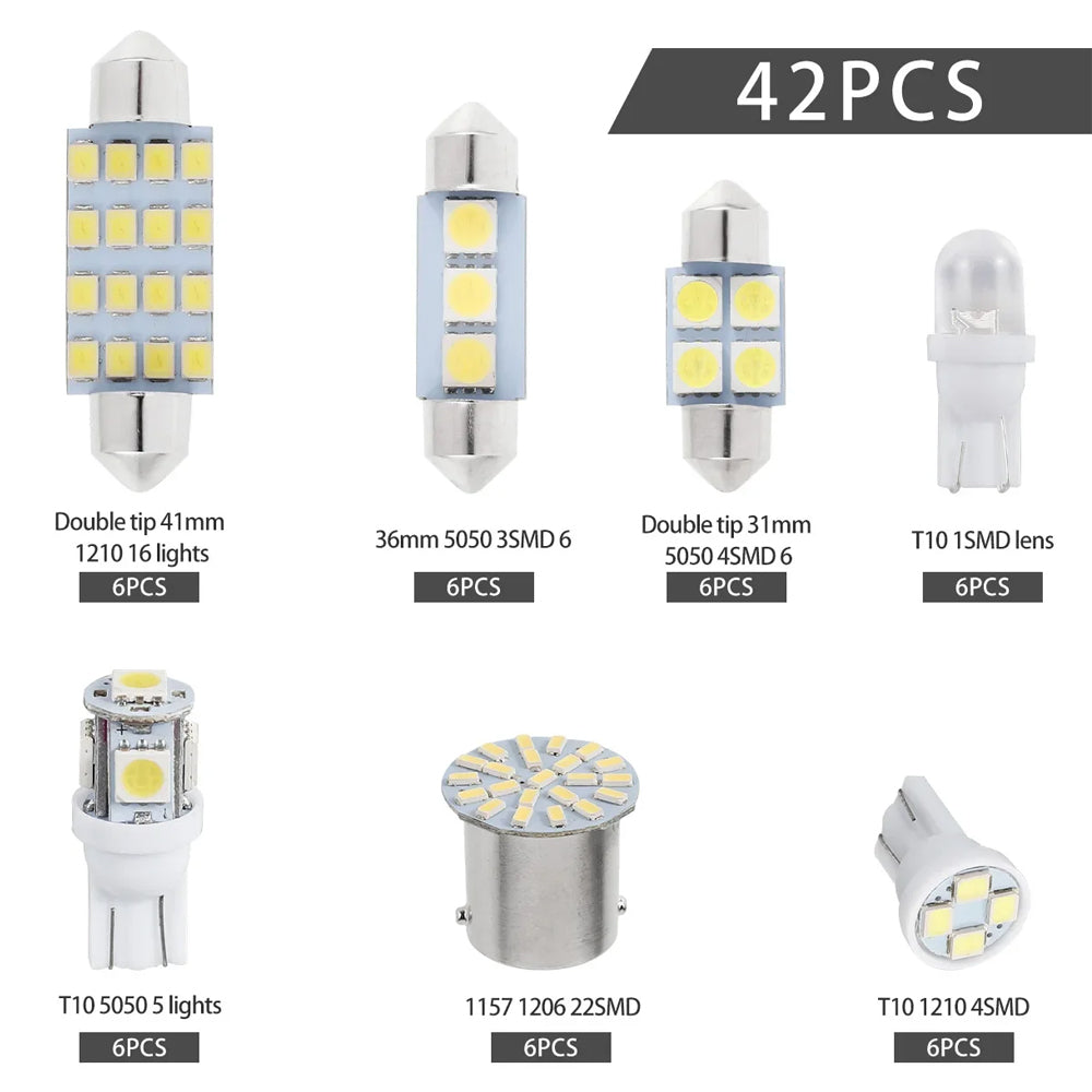 42pcs Car LED Globes Kit White 6000K T10 Festoon 1157 BAY15D LED Bulbs Set