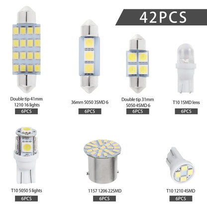 42pcs Car LED Globes Kit White 6000K T10 Festoon 1157 BAY15D LED Bulbs Set