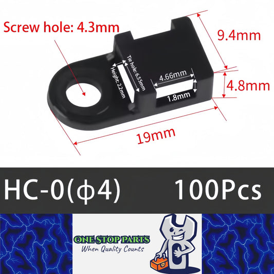 100 X Black Cable tie Mounts Plastic 4.3mm screw or pop rivet base for cable tie