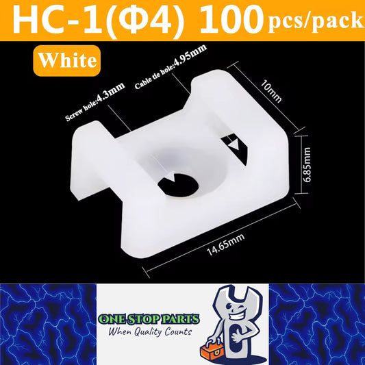100 X White Cable tie Mounts Plastic 4.3mm Centre screw or pop rivet base