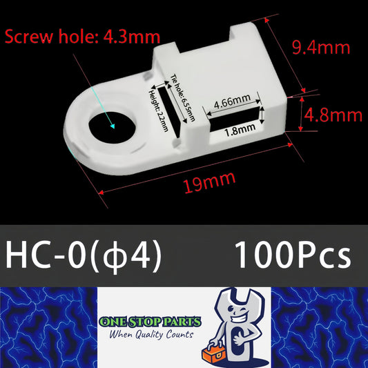 100 X White Cable tie Mounts Plastic 4.3mm screw or pop rivet base for cable tie