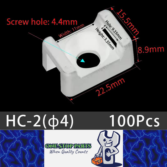 100 X White Cable tie Mounts Plastic 4.4mm Centre screw or pop rivet base