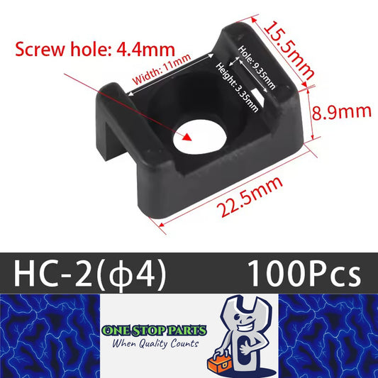 100 X Black Cable tie Mounts Plastic 4.4mm Centre screw or pop rivet base