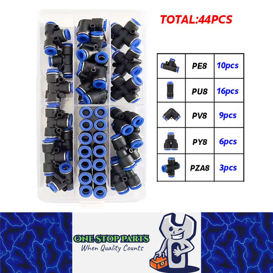 44pcs 8mm Air Pneumatic Connectors Fittings Kit with PE/PU//PV/PY/PZA Plugs