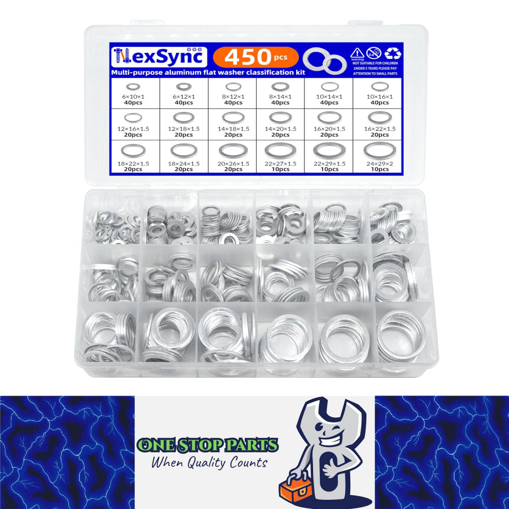 450pcs Aluminum Flat Washers Assortment Kits 18 Sizes M5-M24 Crush Washers