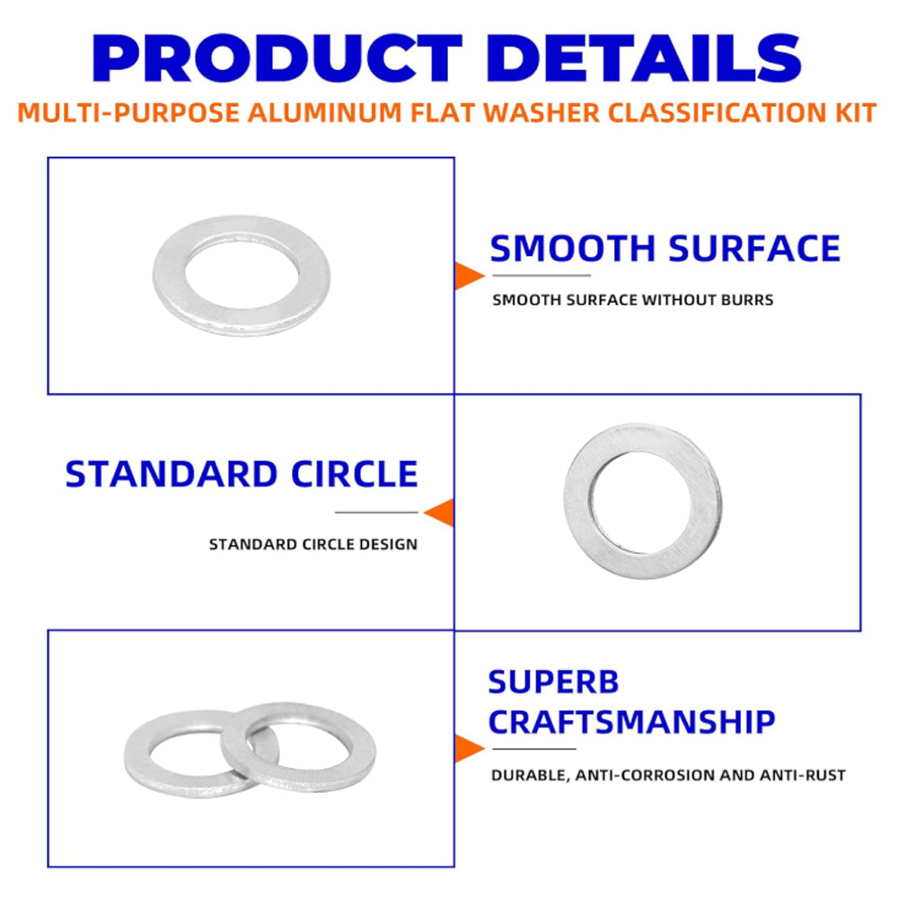 450pcs Aluminum Flat Washers Assortment Kits 18 Sizes M5-M24 Crush Washers