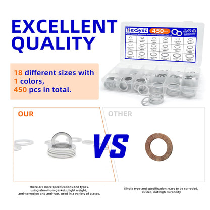 450pcs Aluminum Flat Washers Assortment Kits 18 Sizes M5-M24 Crush Washers