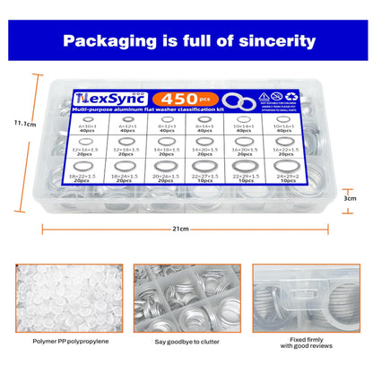 450pcs Aluminum Flat Washers Assortment Kits 18 Sizes M5-M24 Crush Washers