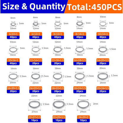 450pcs Aluminum Flat Washers Assortment Kits 18 Sizes M5-M24 Crush Washers