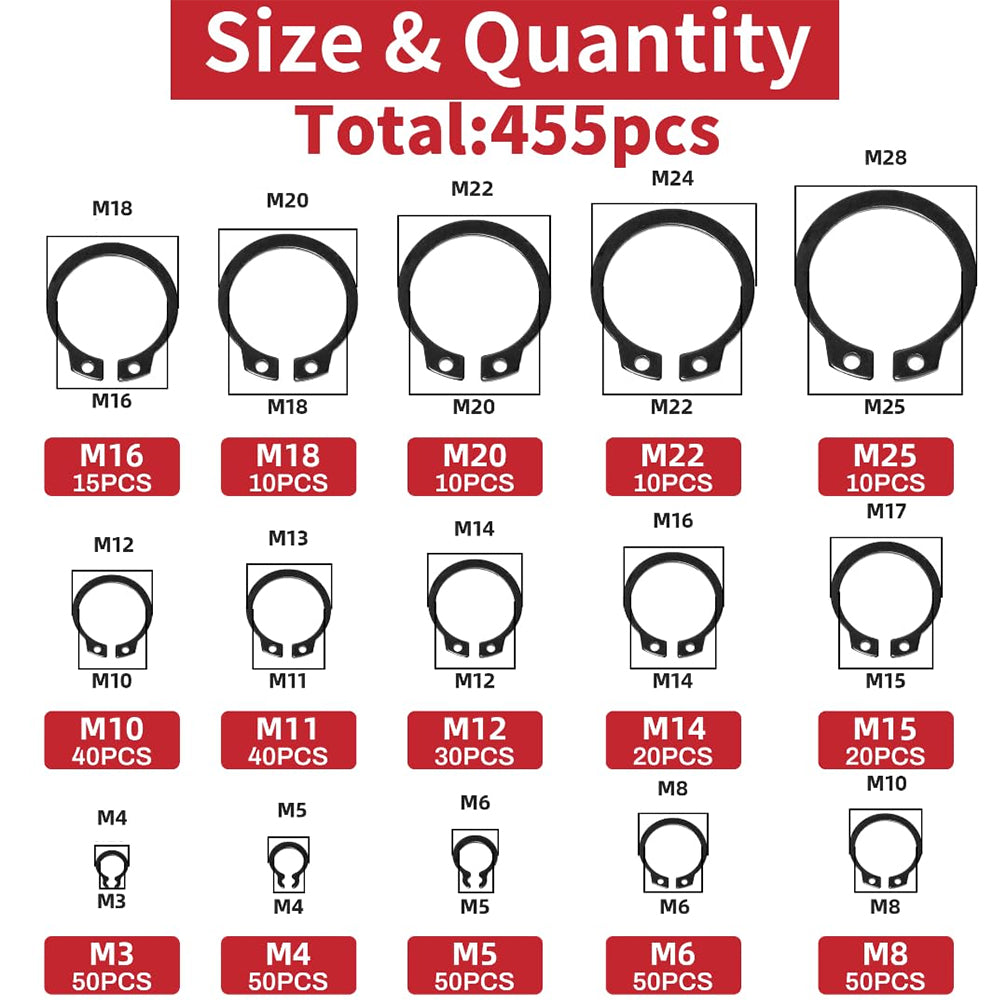 455pcs Carbon Steel External Snap Rings Circlip C-Clip Assortment Kit M3-M25