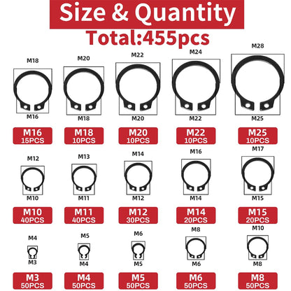 455pcs Carbon Steel External Snap Rings Circlip C-Clip Assortment Kit M3-M25