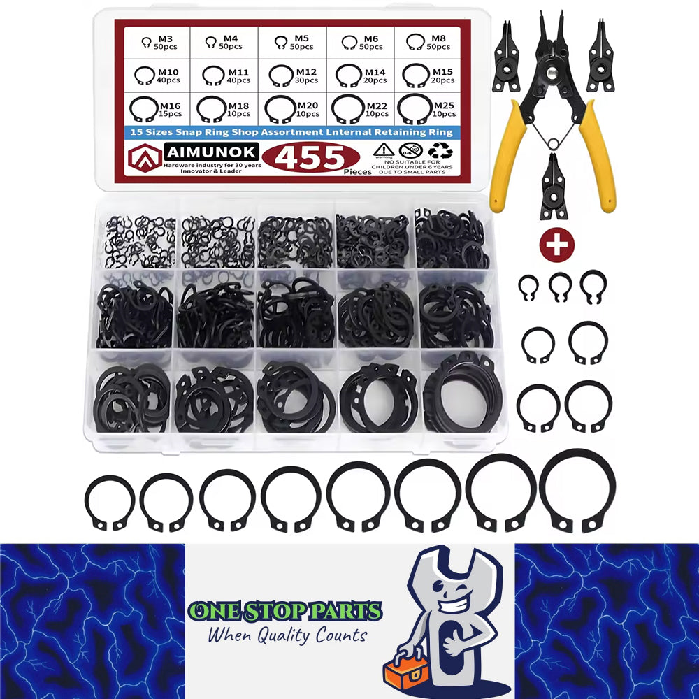 455x Carbon Steel External Snap Ring Circlip C-Clip Kit M3-M25 + Snap Ring Plier