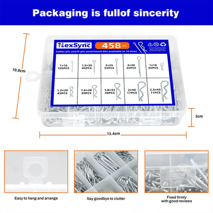 458pcs Cotter Pins and R Pins Assortment Kit 10 sizes Hairpin Cotter Pins R Clip