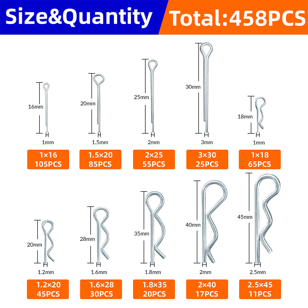 458pcs Cotter Pins and R Pins Assortment Kit 10 sizes Hairpin Cotter Pins R Clip