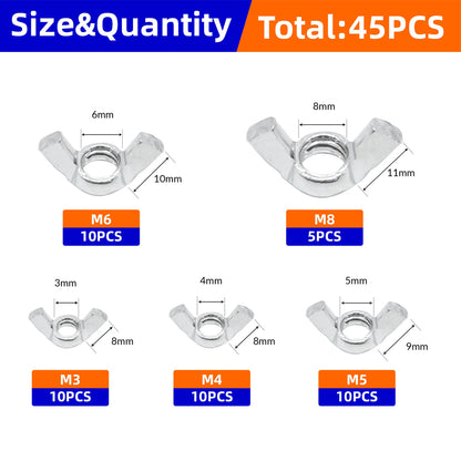 45pcs Wing Nuts Adjusting Thumb Butterfly Lug Nuts Fasteners M3 M4 M5 M6 M8 Kit