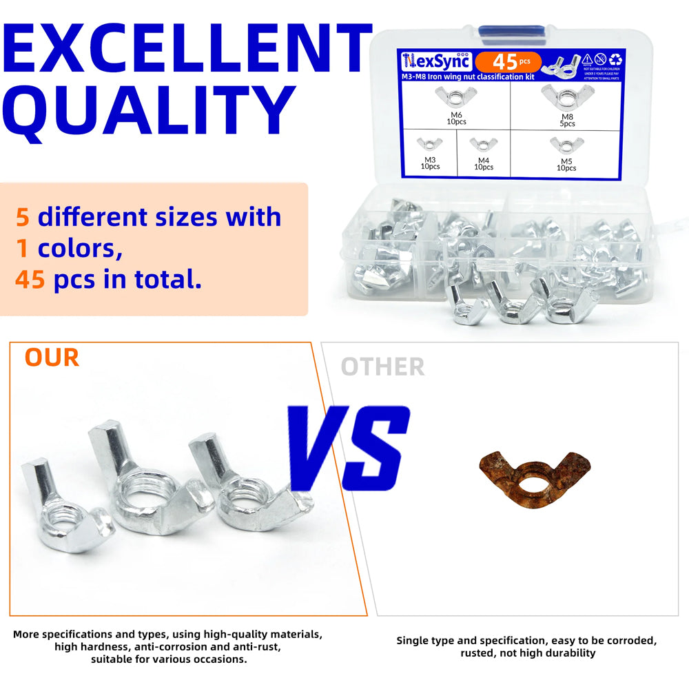 45pcs Wing Nuts Adjusting Thumb Butterfly Lug Nuts Fasteners M3 M4 M5 M6 M8 Kit
