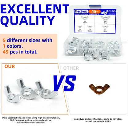 45pcs Wing Nuts Adjusting Thumb Butterfly Lug Nuts Fasteners M3 M4 M5 M6 M8 Kit