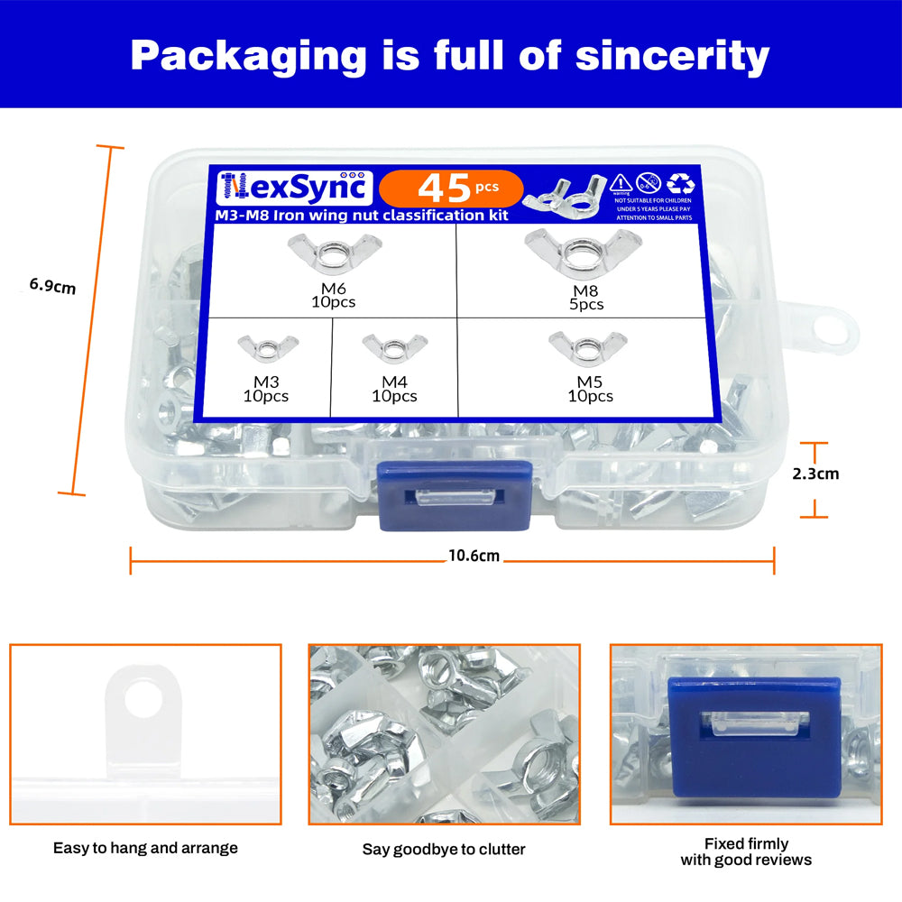 45pcs Wing Nuts Adjusting Thumb Butterfly Lug Nuts Fasteners M3 M4 M5 M6 M8 Kit