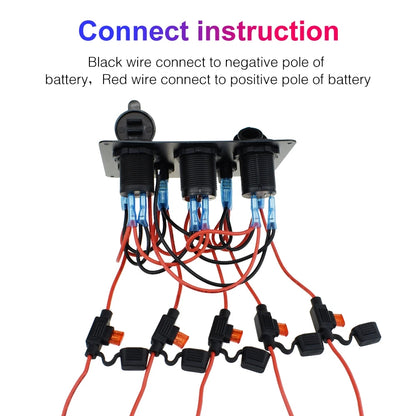 12-24V Red 5 Switch Panel Volt USB Port 12V Outlet Combination Marine LED Rocker