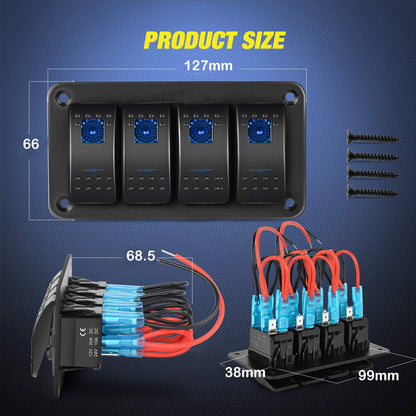 Pre Wired 4 Gang Switch Panel Blue LED Rocker Switch Panel 12-24V Car Marine