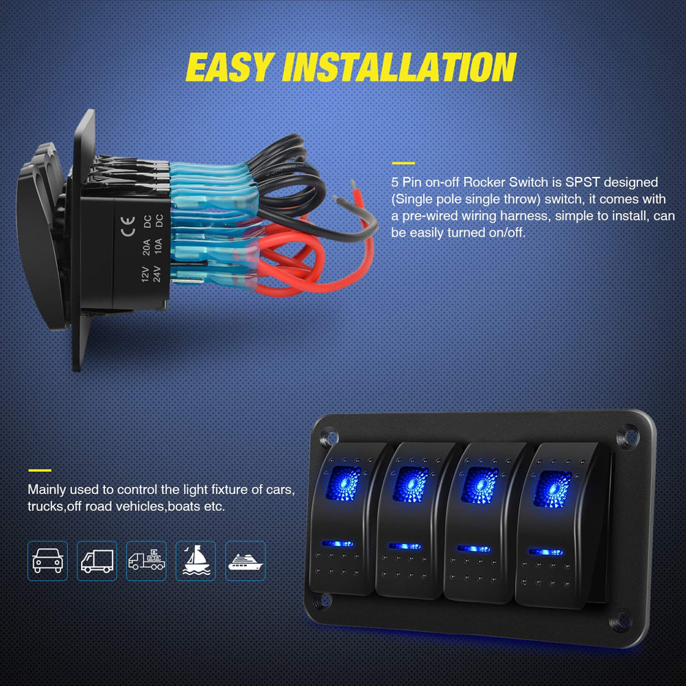 Pre Wired 4 Gang Switch Panel Blue LED Rocker Switch Panel 12-24V Car Marine