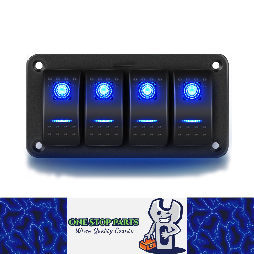 Pre Wired 4 Gang Switch Panel Blue LED Rocker Switch Panel 12-24V Car Marine