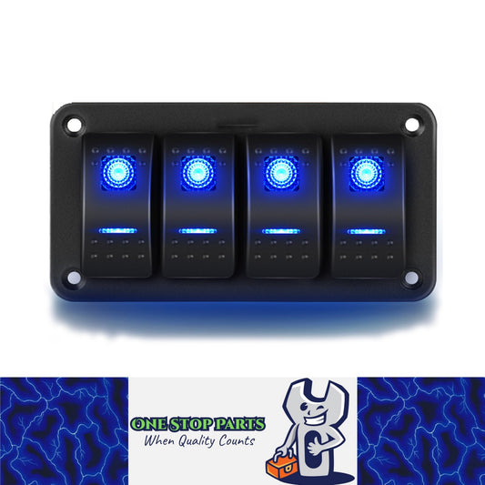 Pre Wired 4 Gang Switch Panel Blue LED Rocker Switch Panel 12-24V Car Marine