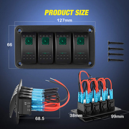 Pre Wired 4 Gang Switch Panel Green LED Rocker Switch Panel 12-24V Car Marine