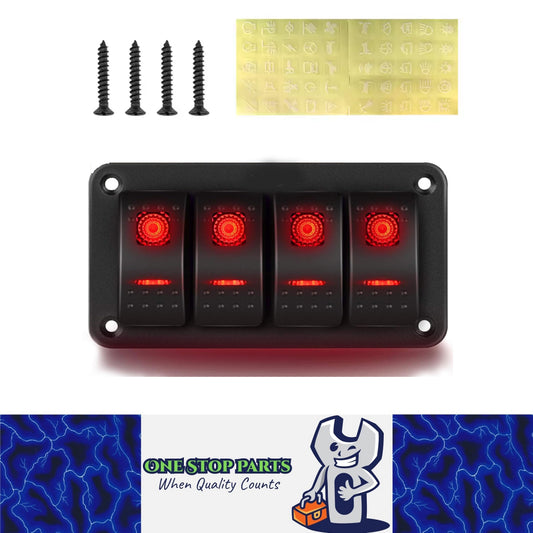 Pre Wired 4 Gang Switch Panel Red LED Rocker Switch Panel 12-24V Car Marine