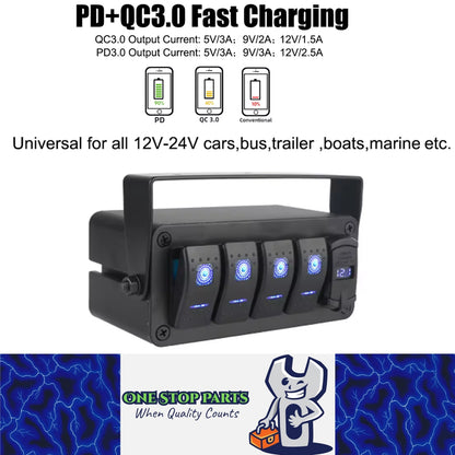 4 Gang Rocker Switch Panel Rotate Box with PD + QC3.0 USB Outlet and Voltmeter