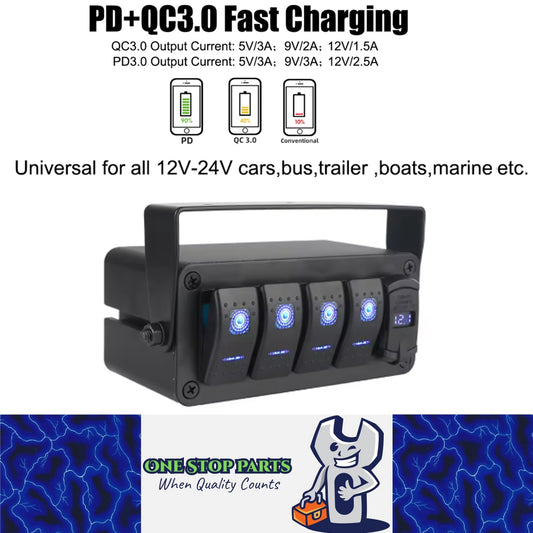 4 Gang Rocker Switch Panel Rotate Box with PD + QC3.0 USB Outlet and Voltmeter