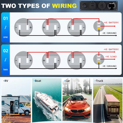 12V 24V 1 Gang Rocker Switch Panel LED Voltmeter Dual USB Port 12V Outlet 4 in 1