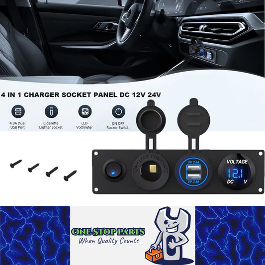 12V 24V 1 Gang Rocker Switch Panel LED Voltmeter Dual USB Port 12V Outlet 4 in 1