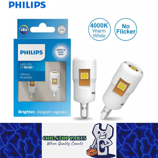 2 x Philips T10 W5W LED Globes 12V 4000K Warm White Bright Philips T10 LED Globe