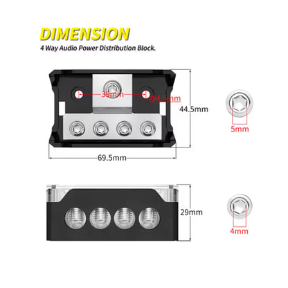 4 Way Power Distribution Block 1x 0/2/4 AWG Gauge in 4 x 4/8/10 Gauge Car Audio