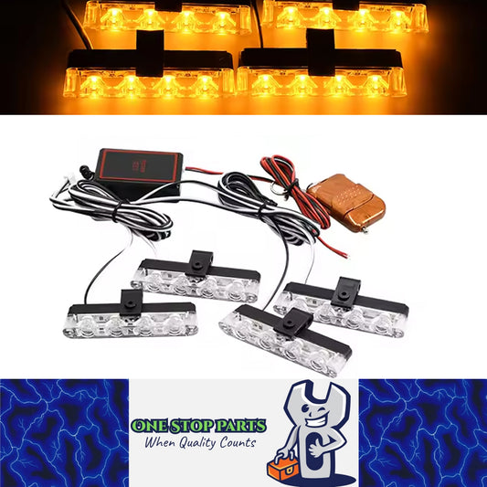 4x Car Front LED Grille Lights Yellow LED Strobe Light Remote Grill Warning Lamp