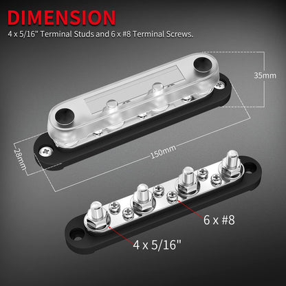 M8 Bus Bar 12V-48V 150A Power Distribution Block 4xM8 Posts Studs 6xM4 Terminals