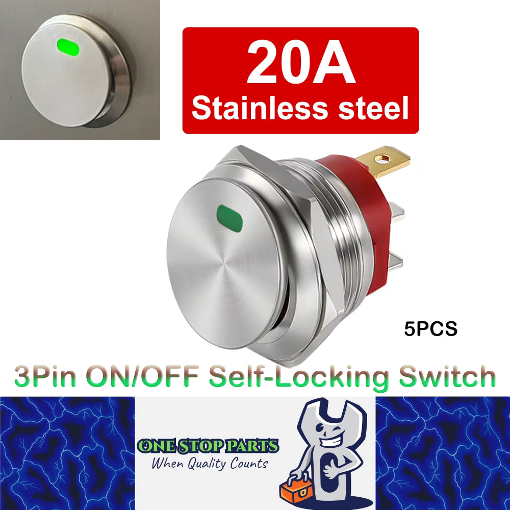 5x Green LED 22mm Metal Rocker Switch 12-24V 20A 3Pin ON/OFF Self-Locking Switch