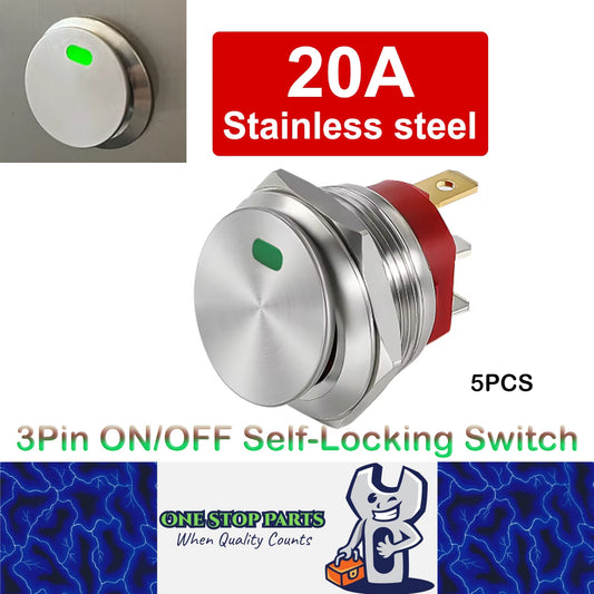 5x Green LED 22mm Metal Rocker Switch 12-24V 20A 3Pin ON/OFF Self-Locking Switch