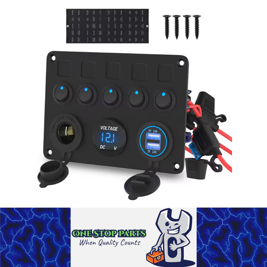 5 Gang Blue LED Rocker Switch Panel with 2.4A Dual USB Port 12V Outlet Voltmeter