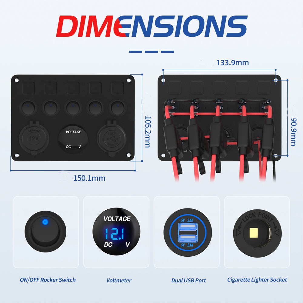 5 Gang Blue LED Rocker Switch Panel with 2.4A Dual USB Port 12V Outlet Voltmeter