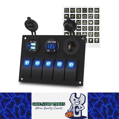 5 Gang Blue LED Rocker Switch Panel with 2.4A Dual USB Port Voltmeter 12V Outlet