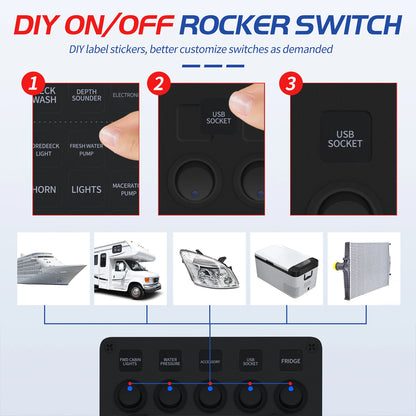 5 Gang Blue LED Rocker Switch Panel with 2.4A Dual USB Port 12V Outlet Voltmeter
