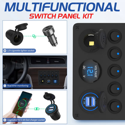 5 Gang Blue LED Rocker Switch Panel with 2.4A Dual USB Port 12V Outlet Voltmeter