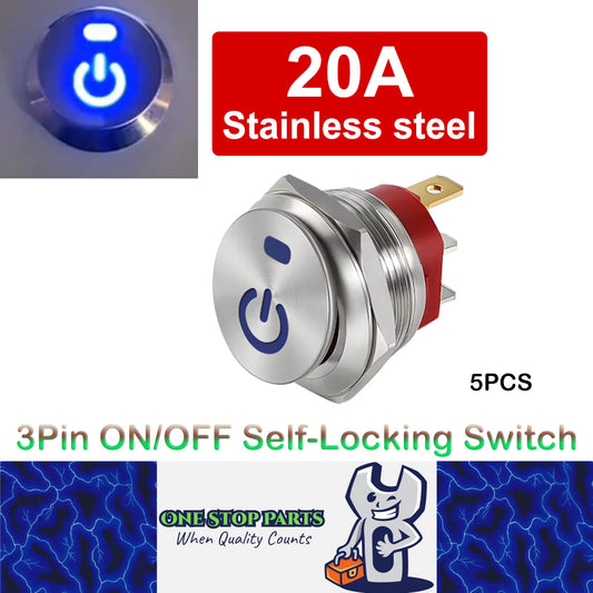 5 x Blue Power LED 22mm Metal Rocker Switch 12-24V 20A 3Pin ON/OFF Self-Locking