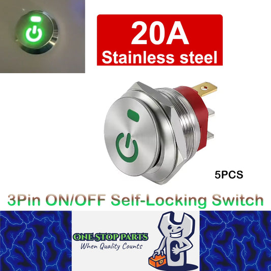 5 x Green Power LED 22mm Metal Rocker Switch 12-24V 20A 3Pin ON/OFF Self-Locking
