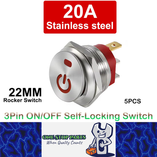 5 x Red Power LED 22mm Metal Rocker Switch 12-24V 20A 3Pin ON/OFF Self-Locking