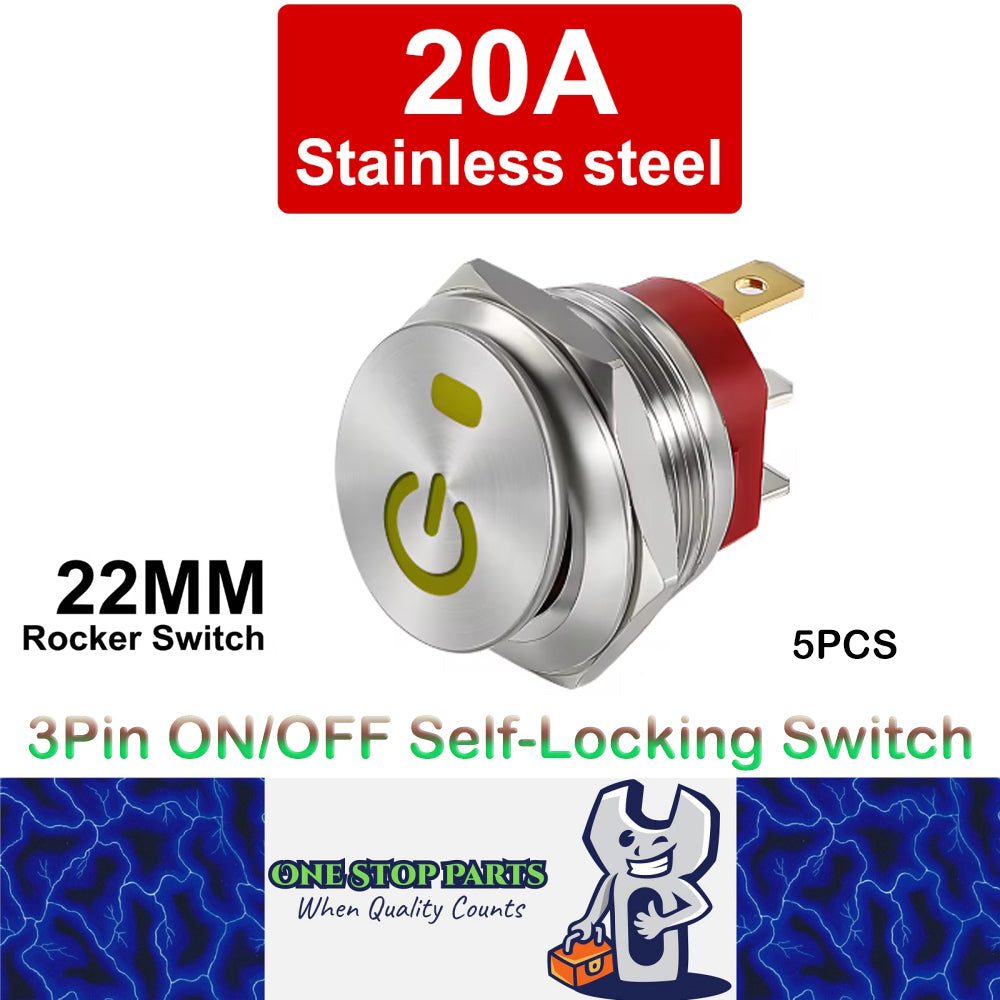 5x Yellow Power LED 22mm Metal Rocker Switch 12-24V 20A 3Pin ON/OFF Self-Locking